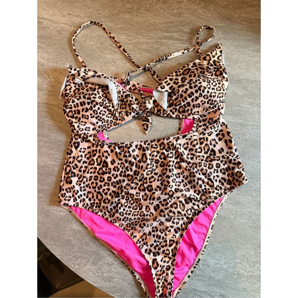Juicy Couture Leopard Print Cutout One-Piece Swimsuit XL Y2K Glam